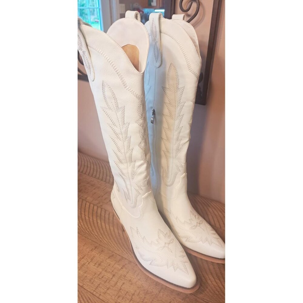🆕 Women White Polyurethane Knee High Pointed Toe Chunky Heel Cowgirl Boots